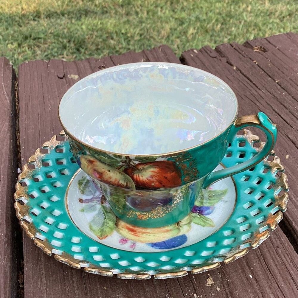 Royal Halsey‎ Very Fine China Teacup and Saucer Set Fruit Turquoise Gold Trim